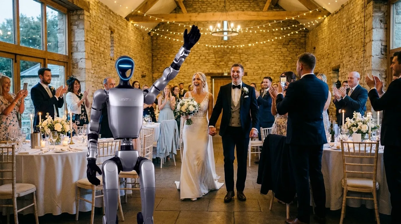 Robot humanoïde Unitree G1 bras levé annonçant l'entrée des mariés dans la salle de réception, invités applaudissant