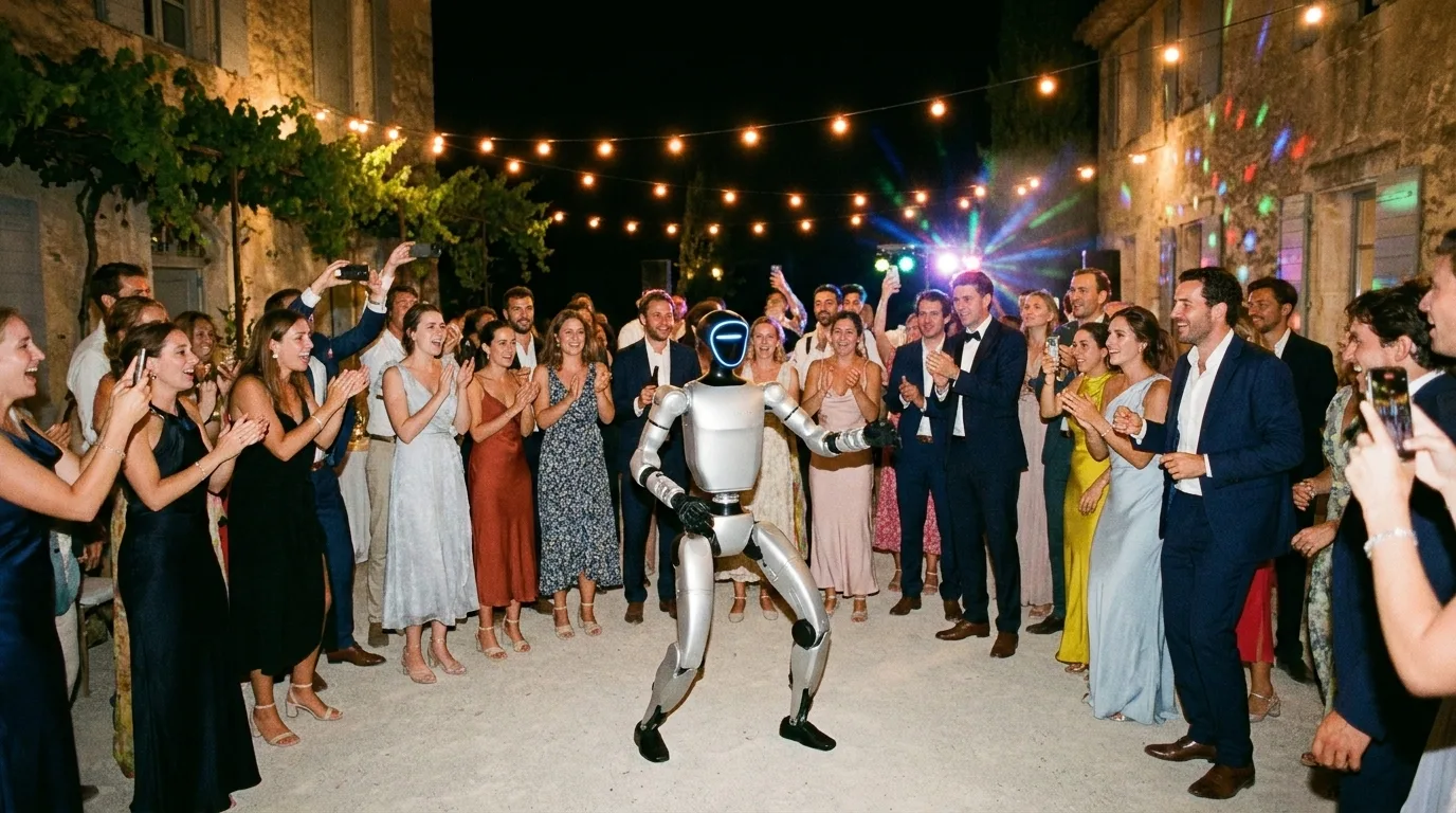 Robot humanoïde Unitree G1 dansant au centre de la piste, entouré des invités d'un mariage en soirée