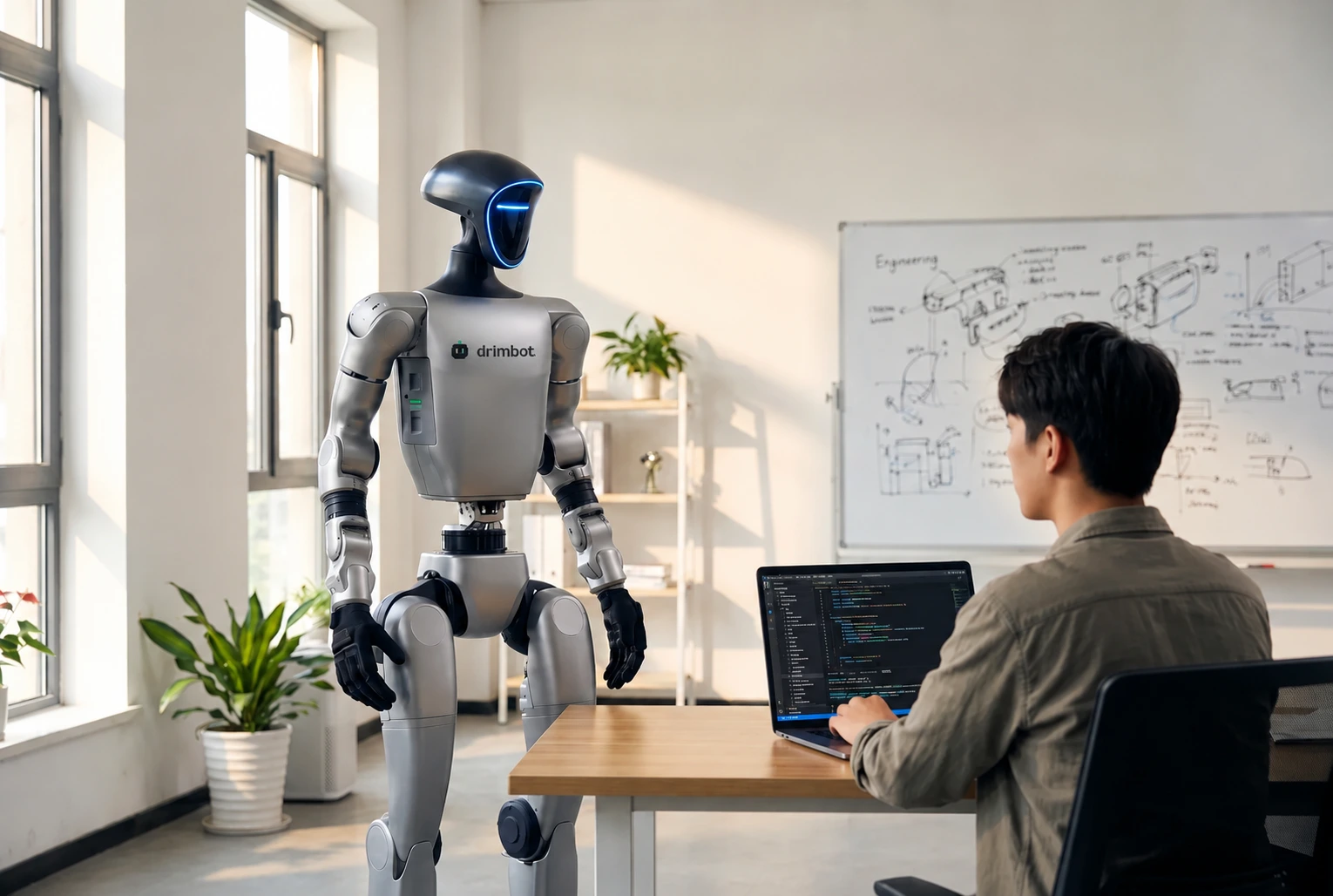 Dans le studio Drimbot, un ingénieur travaille sur son ordinateur portable, le robot G1 debout à côté du bureau