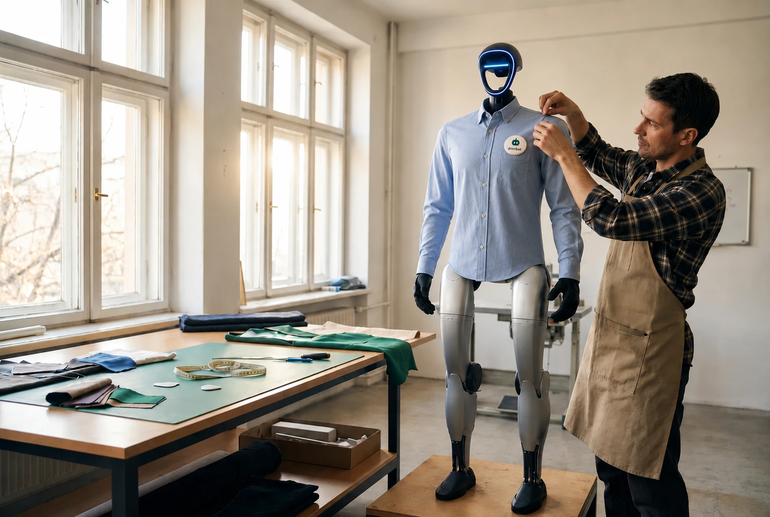 Un technicien Drimbot ajuste un gilet vert émeraude sur le robot G1, comme un tailleur