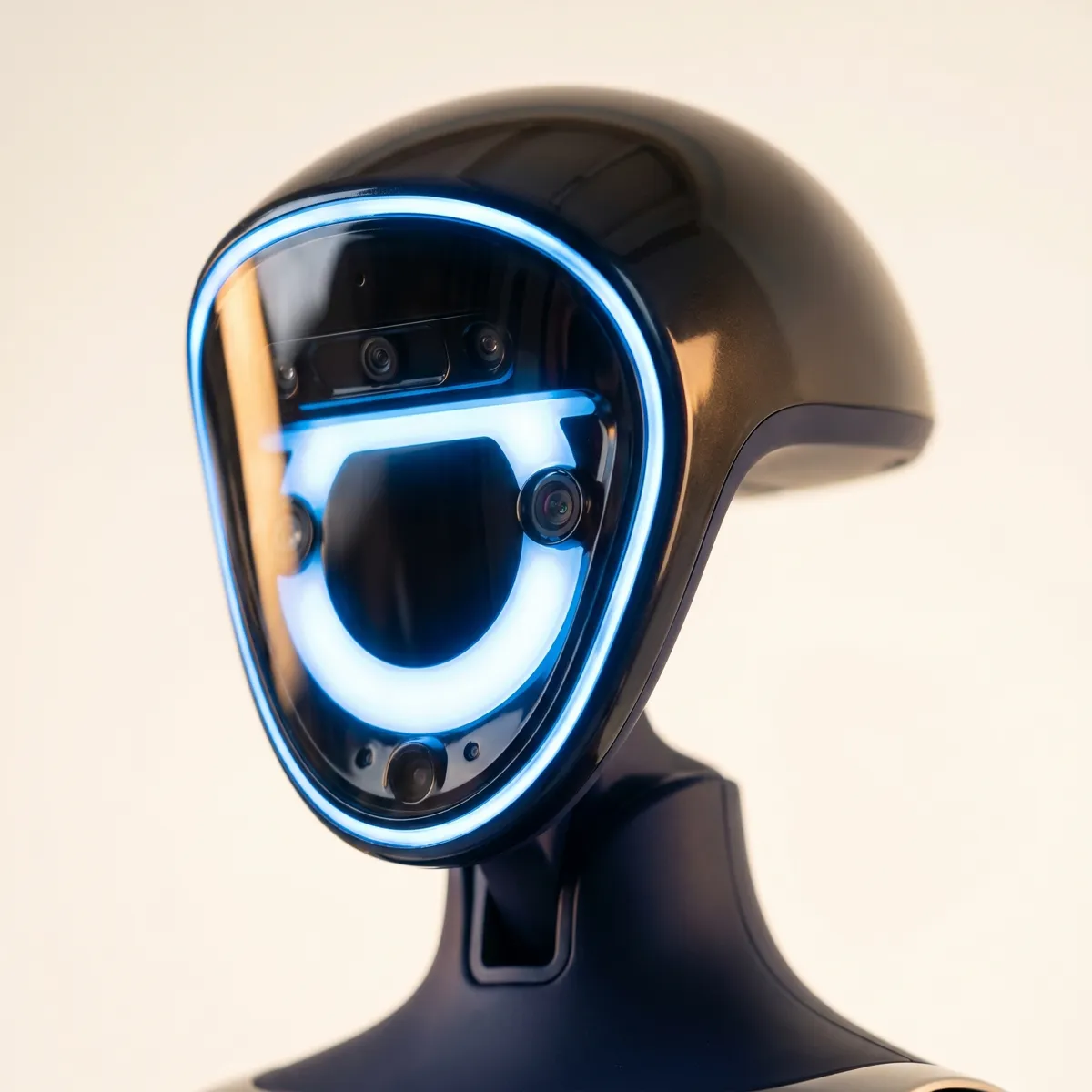 Gros plan sur la tête du G1 : visière à anneau LED, caméras et capteurs de profondeur
