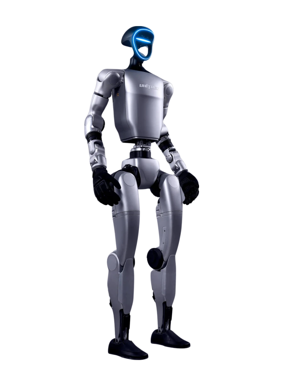 Robot humanoïde Unitree G1 (1,32 m, ~35 kg) loué et opéré par Drimbot