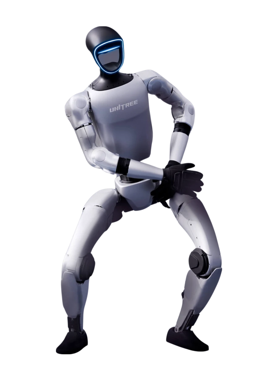 Robot humanoïde Unitree G1 en garde de kung-fu, genoux fléchis et poings serrés, visuel détouré