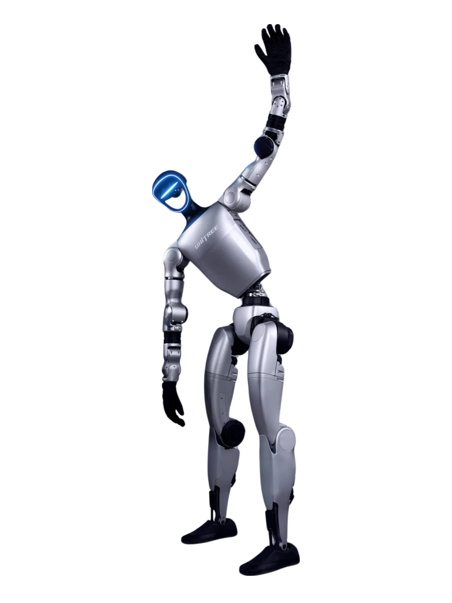 L'humanoïde Unitree G1 Ultimate en pose de salut, sur fond neutre