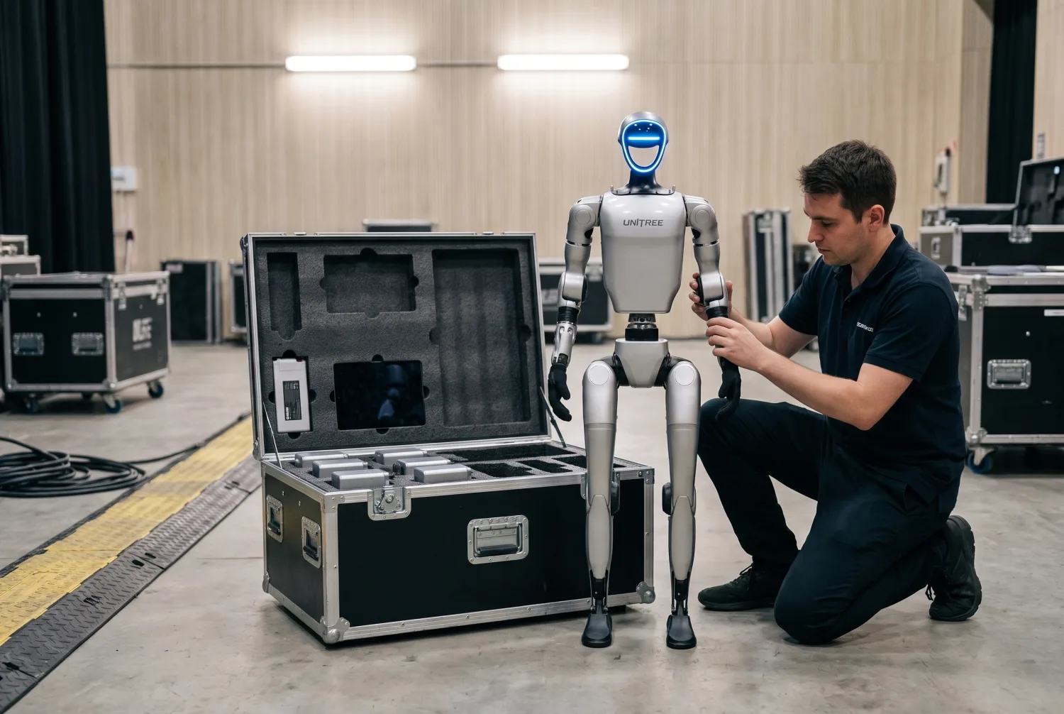 En coulisses, un technicien Drimbot vérifie le G1 à côté de son flight-case ouvert