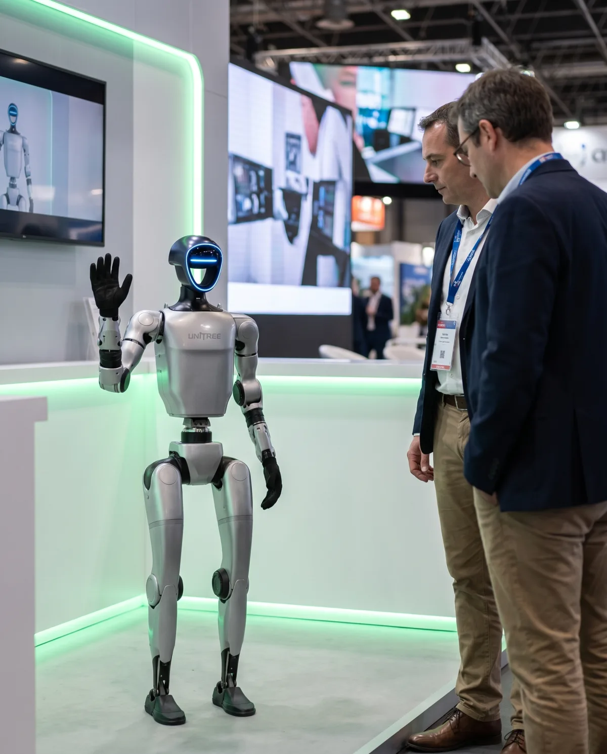 Le G1 salue des visiteurs sur un stand de salon professionnel