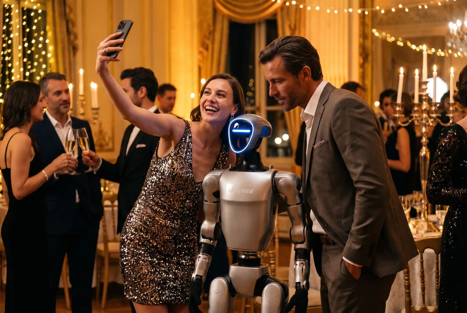 Deux invités en tenue de soirée prennent un selfie avec le G1 lors d'une réception