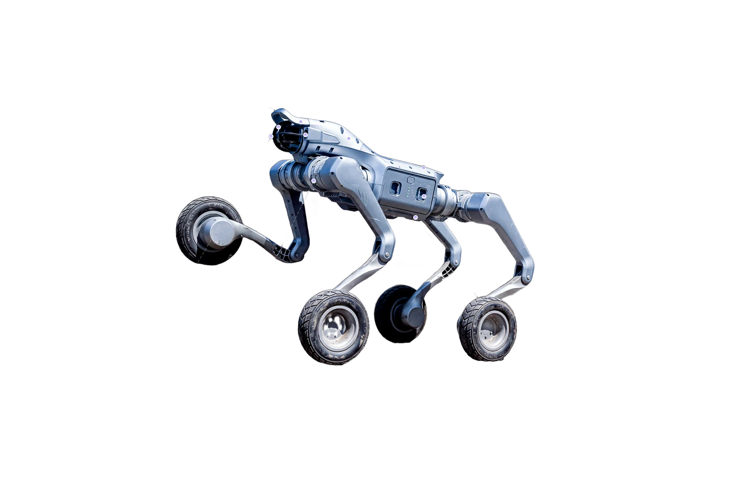 Unitree AS2-W, robot-chien tout-terrain à roues, en pied sur fond sombre
