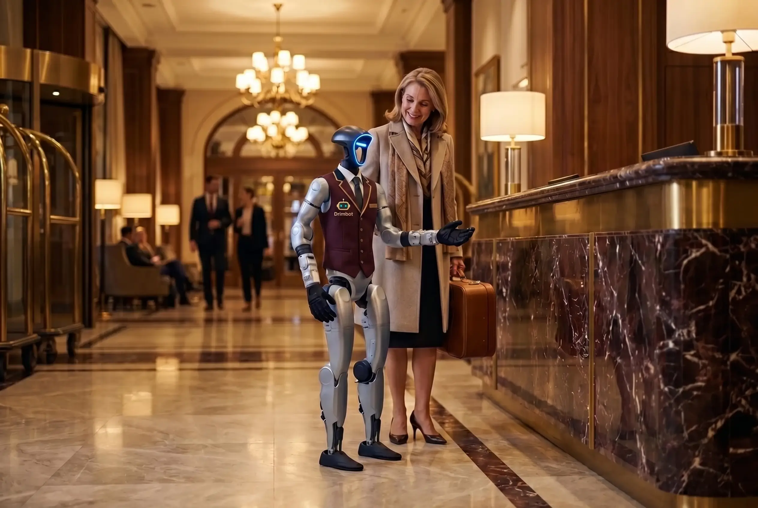 Le robot G1 oriente une cliente vers la réception d'un hôtel cinq étoiles