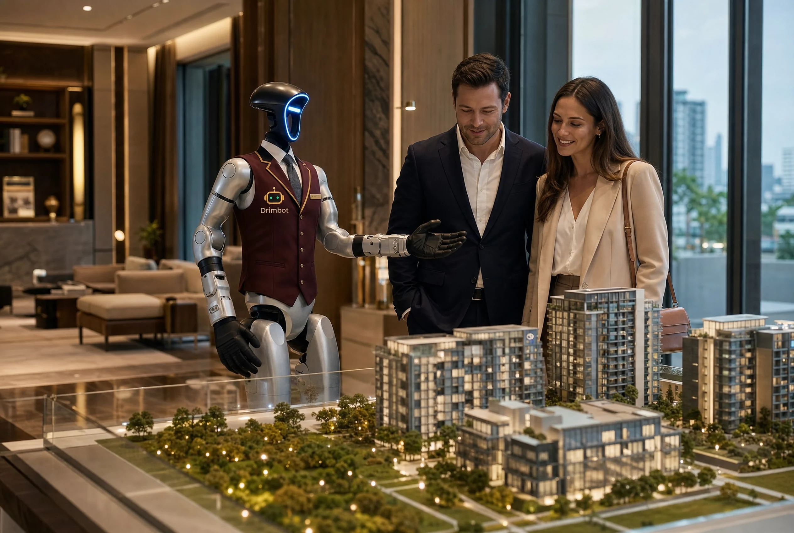 Le robot G1 accueille un couple de prospects dans une bulle de vente immobilière, maquette du programme et grands visuels en arrière-plan