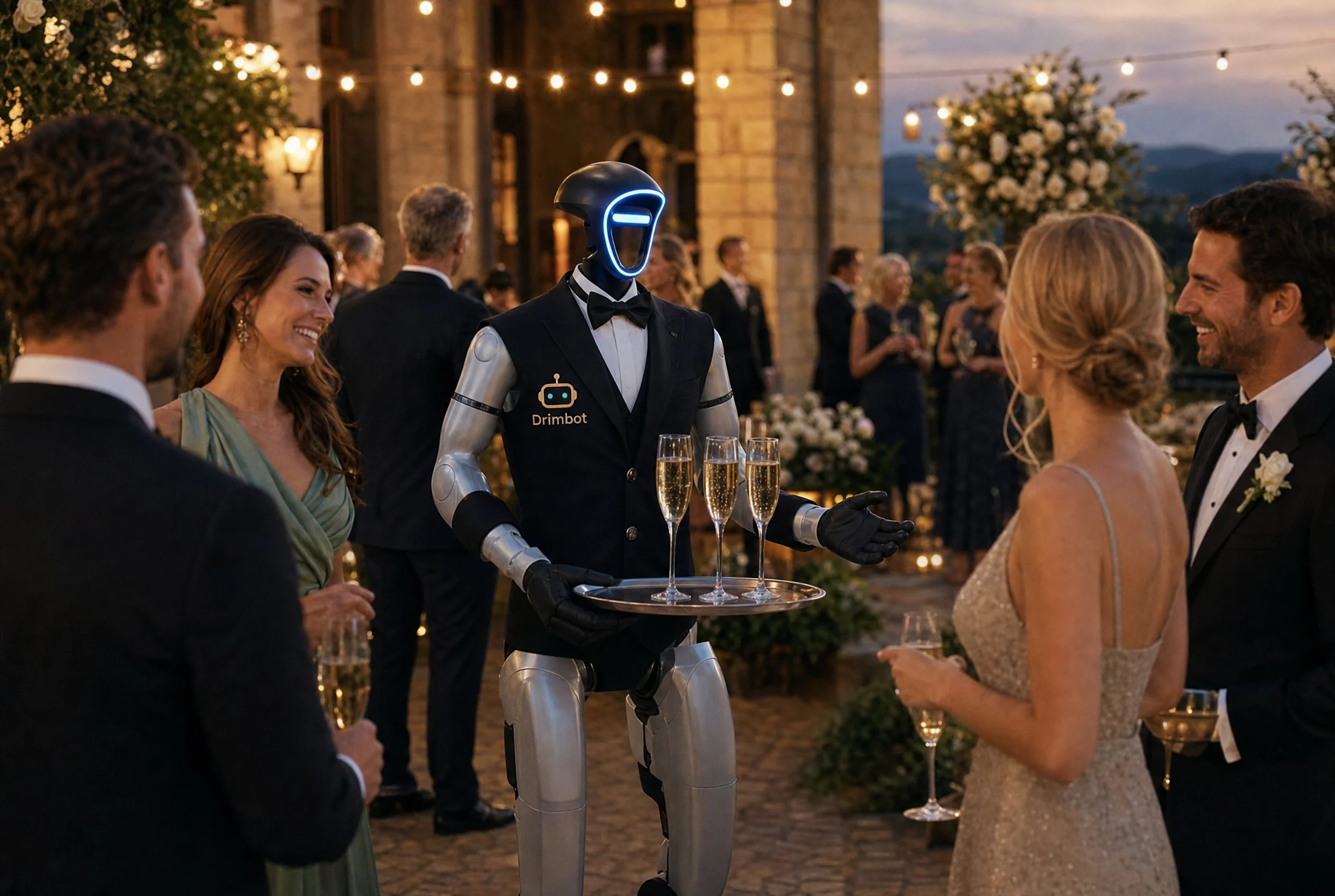 Le robot G1 accueille des invités élégants à l'entrée d'une réception de mariage, coupes de champagne et lumières chaleureuses
