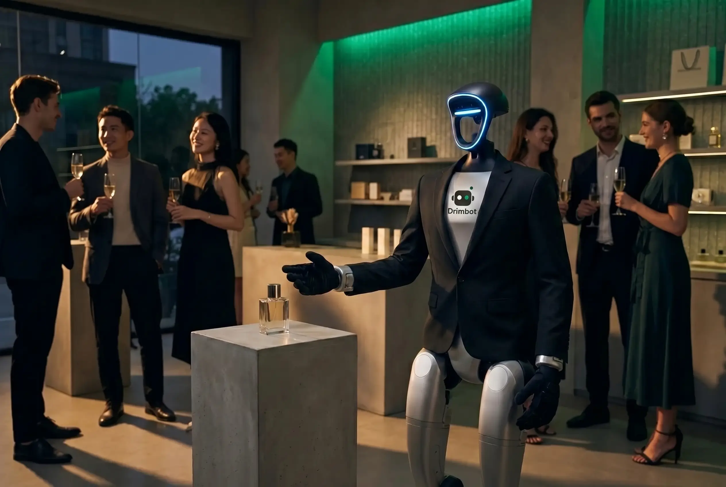 Le robot G1 présente un produit sur un piédestal lors d'un lancement premium