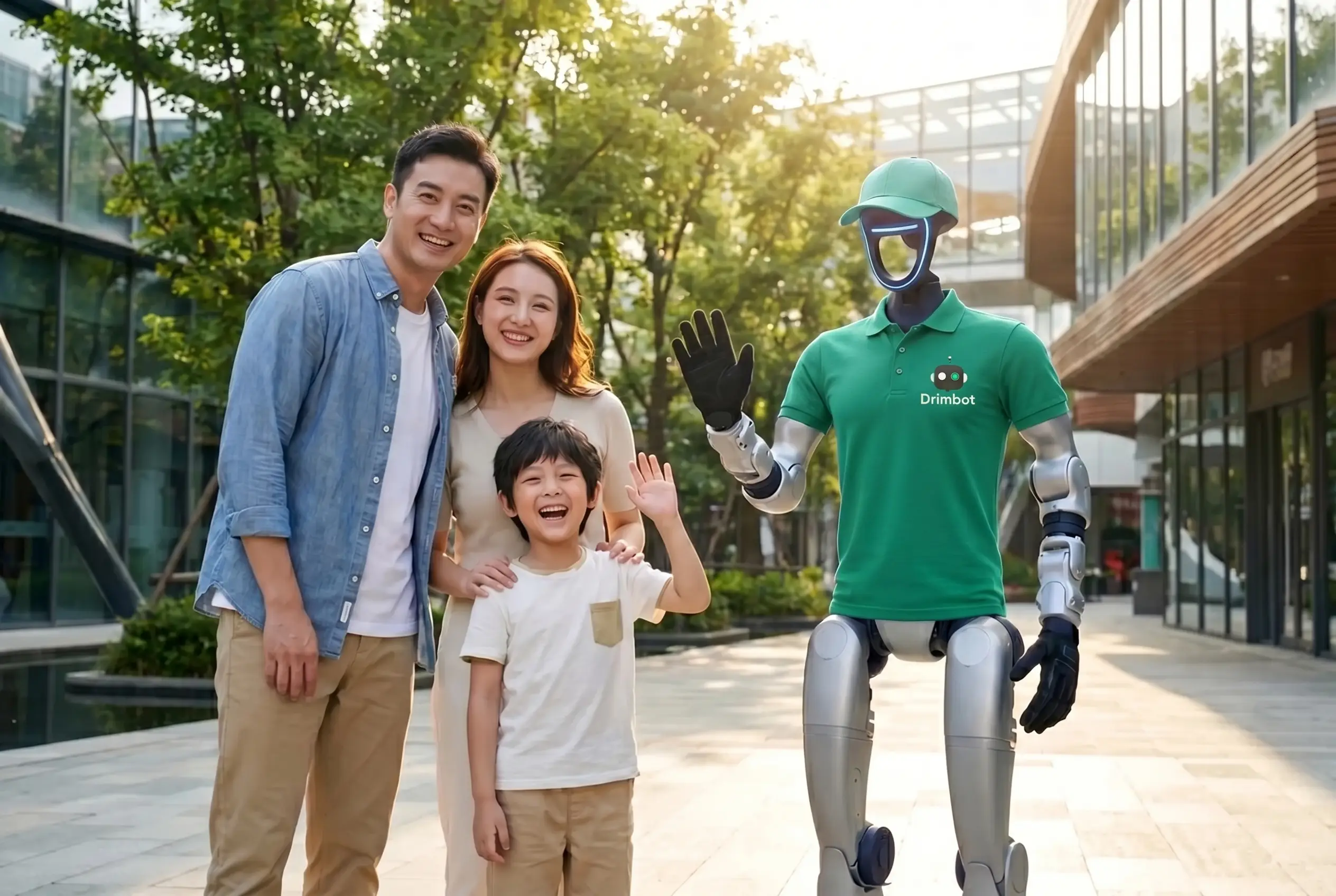 Le robot G1 salue un enfant et sa famille dans un parc de loisirs ensoleillé