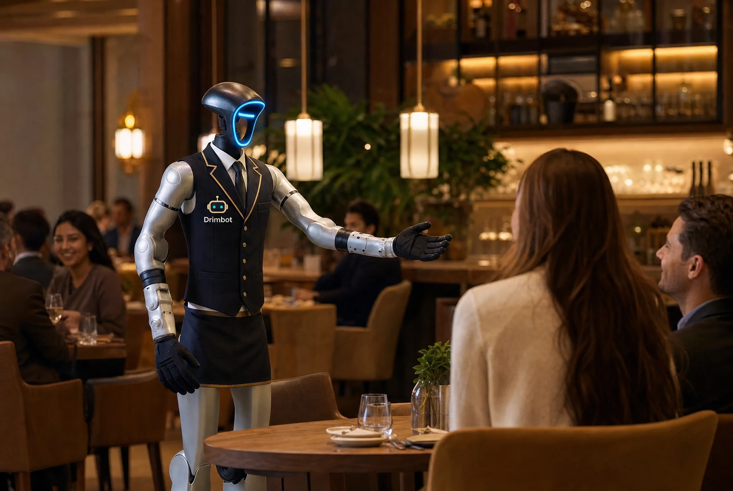 Le robot G1 accueille des clients à l'entrée d'un restaurant et les oriente vers leur table, ambiance chaleureuse en soirée
