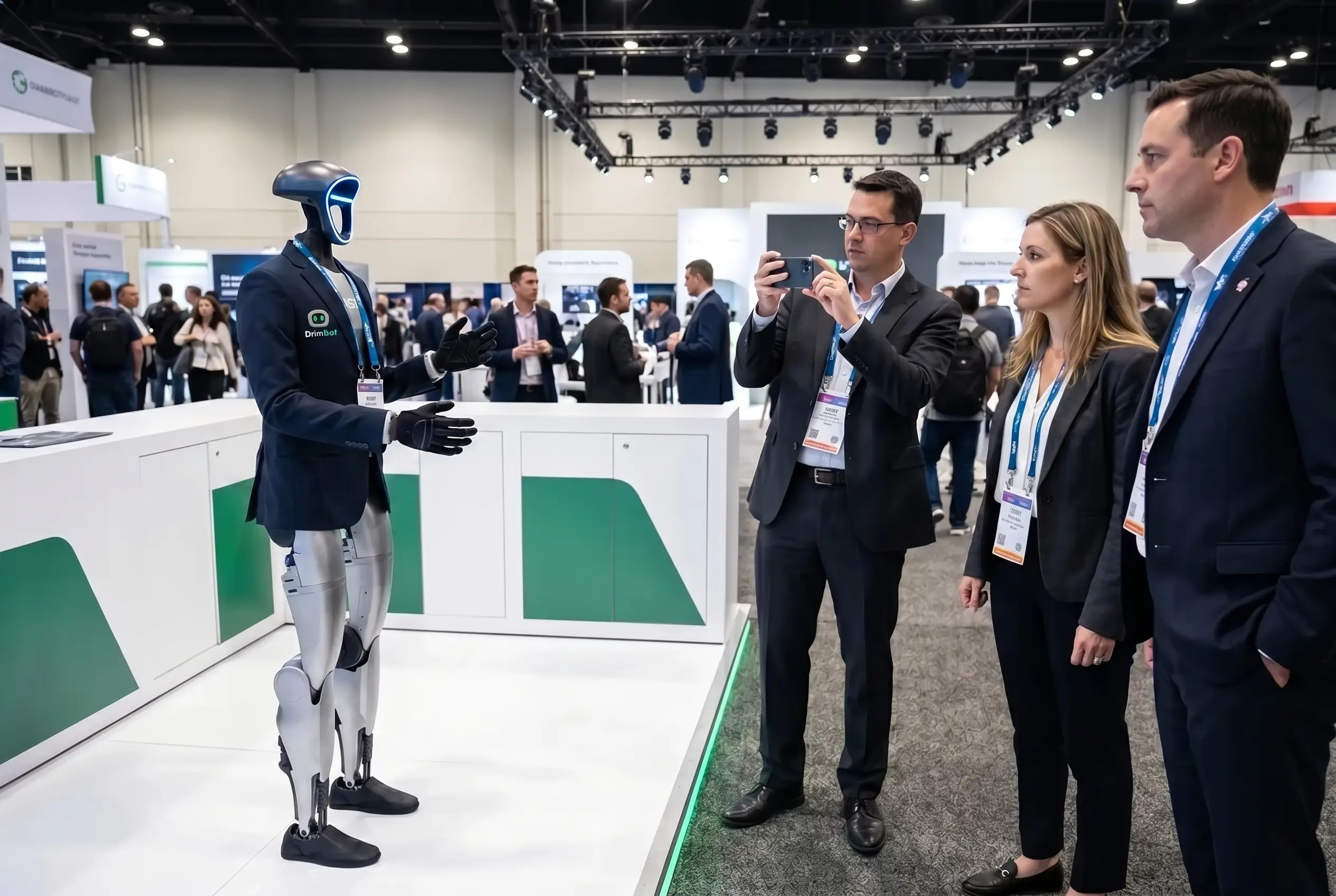 Le robot G1 anime un stand devant des visiteurs sur un salon professionnel