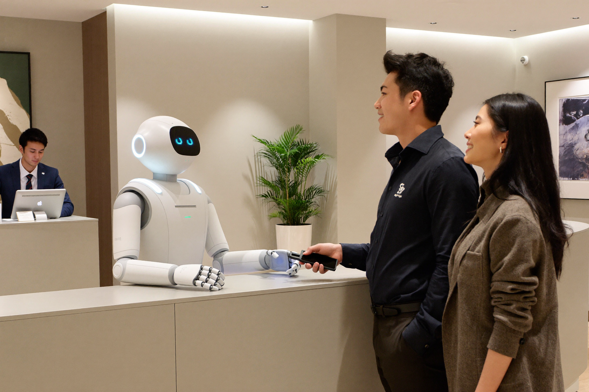 Robot humanoïde Unitree G1 accueillant des voyageurs dans le lobby d'un hôtel